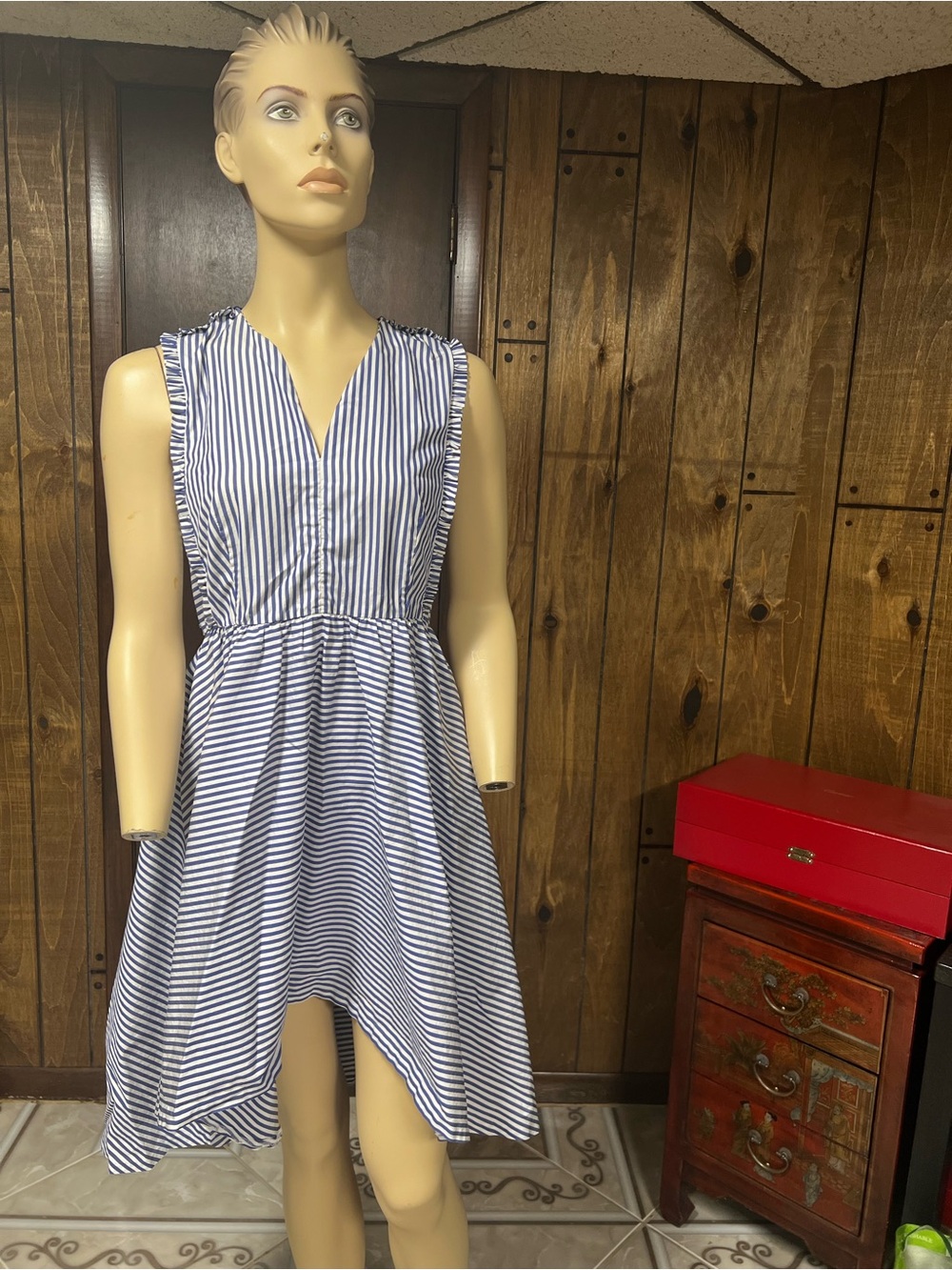 Sandro Navy and White Striped Sleeveless Dress w/laced back, Sz.S